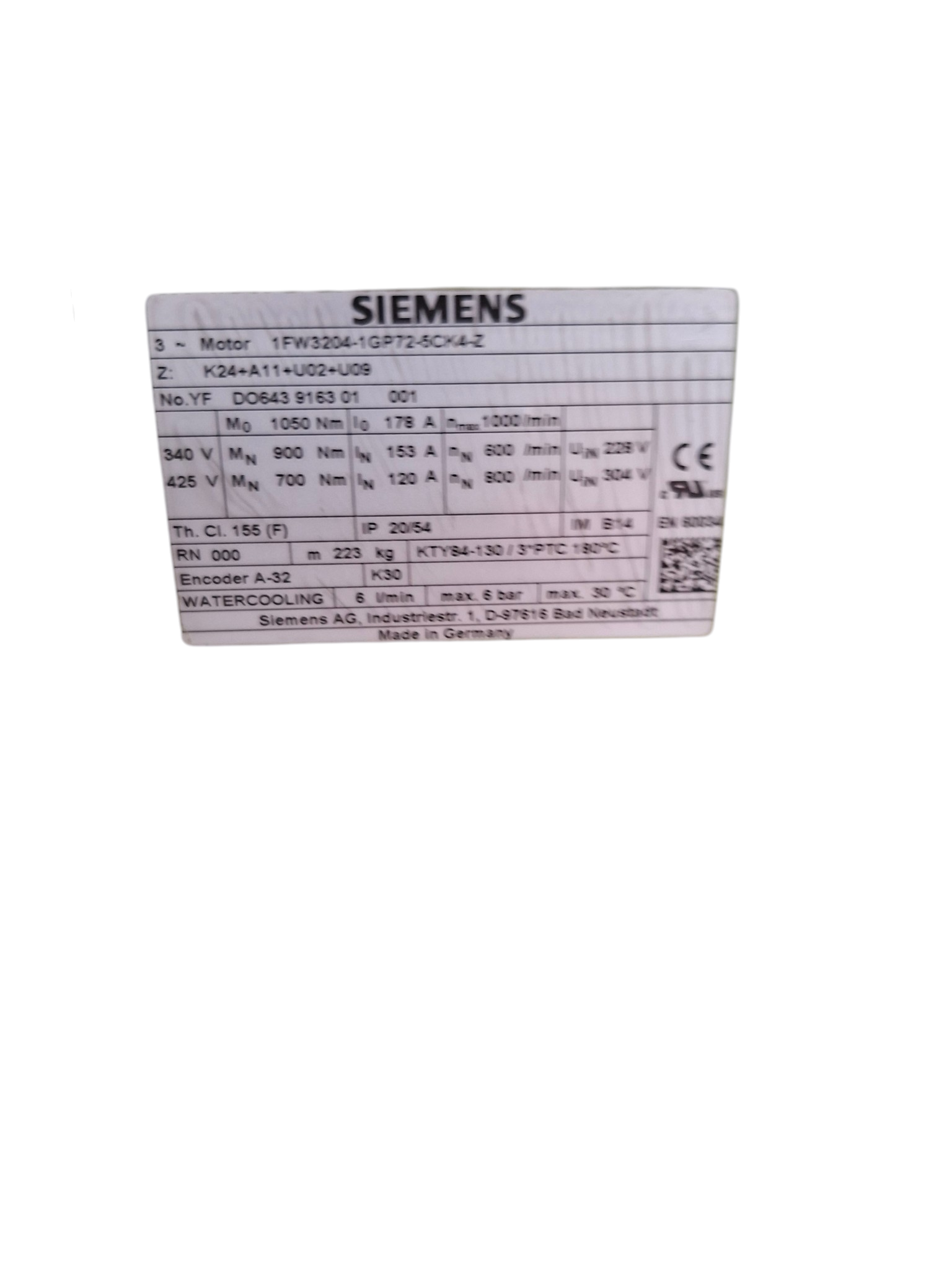 Siemens Drehstrom, Servo 1FW3204-1GP72-5CK4-Z/Z=A11+U02+U09+K24, 6455569